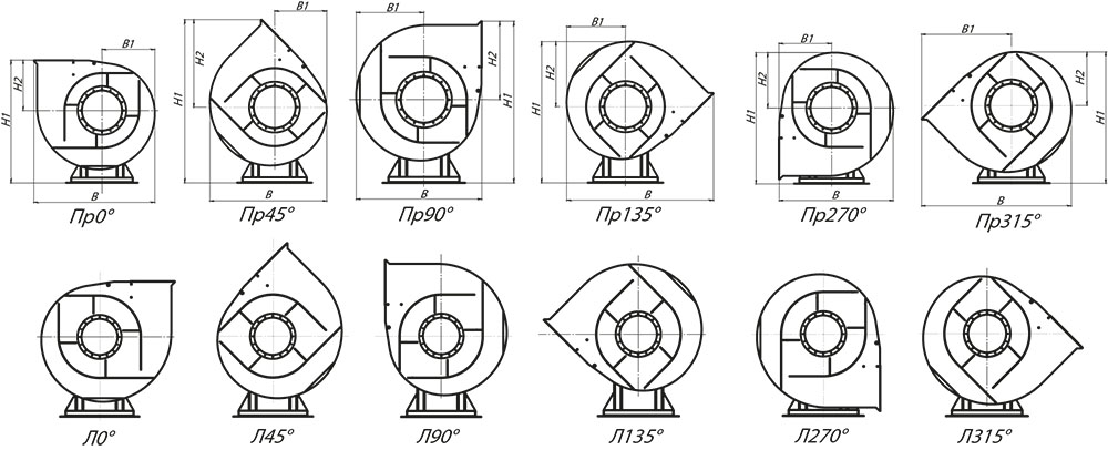 Габаритные и присоединительные размеры радиального вентилятора высокого давления ВР 132-30 №8 Исполнение 1, зависящие от положения корпуса